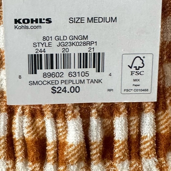 NWT Kohls SO Brand Gold Cropped Gingham Checkered Smocked Peplum Tank Sz Medium - Picture 6 of 7